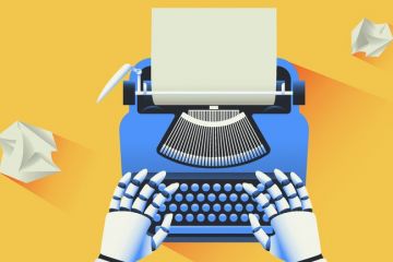 A robot at a typewriter, symbolising ChatGPT