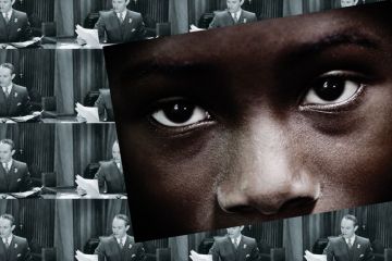Child's eyes in front of collage of white businessmen