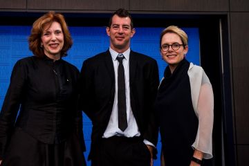 Chris Mills with Margaret Gardner (left) and journalist Sabra Lane