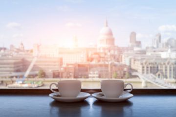Coffee overlooking London view Coffee cups overlooking St Pauls, London