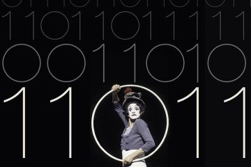 Mime artist Marcel Marceau holding a hoop and surrounded by the figures one and zero, like computer language Mime artist Marcel Marceau holding a hoop and surrounded by the figures one and zero, like computer language
