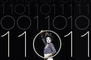 Mime artist Marcel Marceau holding a hoop and surrounded by the figures one and zero, like computer language