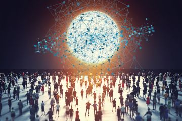 Crowd walking towards sun with data elements to illustrate more universities being involved in the rankings and new datasets Crowd walking towards sun with data elements to illustrate more universities being involved in the rankings and new datasets