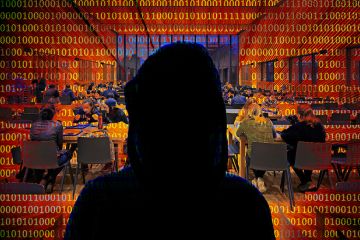 Silhouette portrait of a cyber hacker, with students from the University of Nottingham in the background. Silhouette portrait of a cyber hacker, with students from the University of Nottingham in the background.