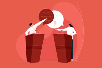 Illustration: Two people debate at lecterns Illustration: Two people debate at lecterns