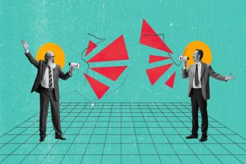 Two people shout at each other through megaphones