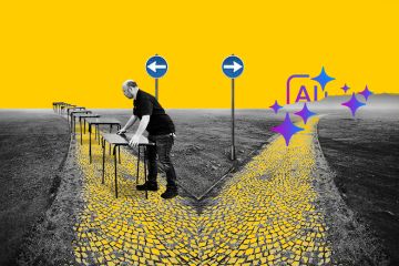 A diverging path with one direction showing a man setting up desks for an exam, and AI in the other direction. To illustrate whether universities are returning to in-person exams to combat AI cheating. A diverging path with one direction showing a man setting up desks for an exam, and AI in the other direction. To illustrate whether universities are returning to in-person exams to combat AI cheating.