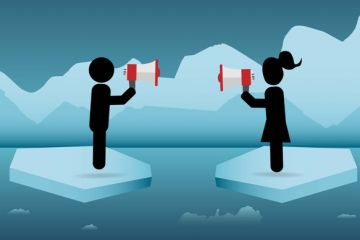 People shout at each other from difference icebergs People shout at each other from difference icebergs, symbolising methodological differences