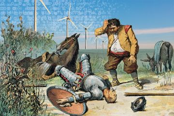 Illustration from Don Quixote by Miguel Cervantes. Sancho Panza finds Don Quixote after he unsuccessfully attacks a windmill (edited to show modern wind turbines).
