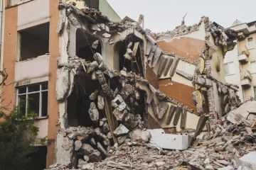 A collapsed apartment block after an earthquake in Turkey