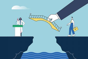 A hand places a bridge between a scientist and a manager, illustrating the role of educational developers