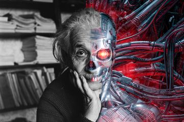 Montage of Albert Einstein with a cyborg, to illustrate Einstein AI.