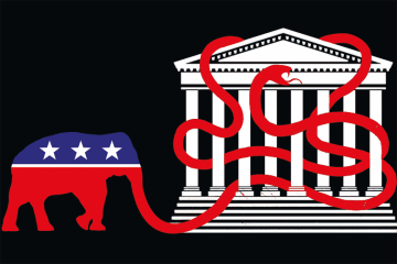 Illustration: an elephant winds its trunk around and through a Capitol building Illustration: an elephant winds its trunk around and through a Capitol building