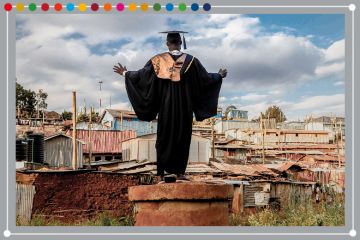 A graduate in entrepreneurship and leadership management, poses for a photo in Kibera, the largest slum in Nairobi and the largest urban slum in Africa. Illustrating how entrepreneurship education can bridge gap between universities and SDGs