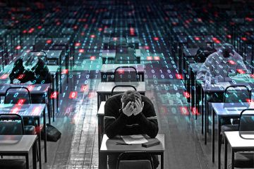 Student struggling in exam hall, with computer code overlayed on other students taking the exam. To illustrate that artificial intelligence has “blurred the line” between what constitutes academic support and what should be seen as misconduct. Student struggling in exam hall, with computer code overlayed on other students taking the exam. To illustrate that artificial intelligence has “blurred the line” between what constitutes academic support and what should be seen as misconduct.