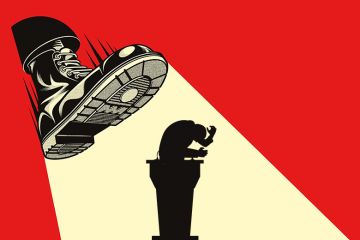 Far-right boot stomping on lecturer, to illustrate the fear that Europe’s universities could fall victim to populist assaults.