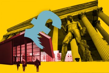 Statue in front of UCL holding a pound sterling symbol that is crashing through a roof at the University of Hertfordshire. To illustrate that a flat fee on international students would be easier for elite universities to bear than less-elite institutions
