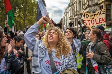 A woman chants at a pro-Palestine protest in London A woman chants at a pro-Palestine protest in London