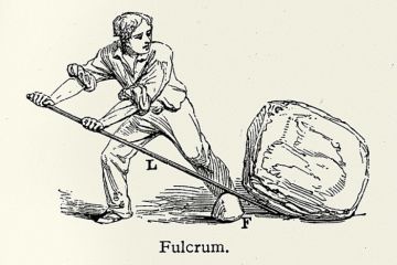A man lifts a boulder with a lever, illustrating the force multiplier effect of AI