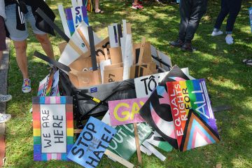 A pile of gay rights placards. To illustrate academia must ‘engage with’ anti-woke research critics. A pile of gay rights placards. To illustrate academia must ‘engage with’ anti-woke research critics.