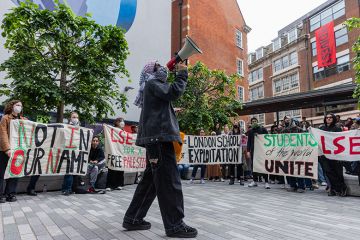 Students from the London School of Economics (LSE) Student Union Palestine Society hold a rally to launch a divestment report on 14th May 2024 in London, UK. The students later occupied the ground floor of the Marshall Building of the LSE. Students from the London School of Economics (LSE) Student Union Palestine Society hold a rally to launch a divestment report on 14th May 2024 in London, UK. The students later occupied the ground floor of the Marshall Building of the LSE.