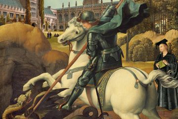 Saint George and the Dragon, circa 1506 by Raphael. With added university building in the background and academic gown.