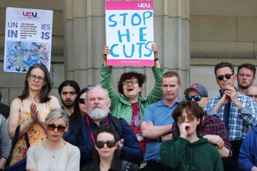Dundee university workers rally outside the Scottish Trade Union Congress at the Caird Hall on April 29, 2025