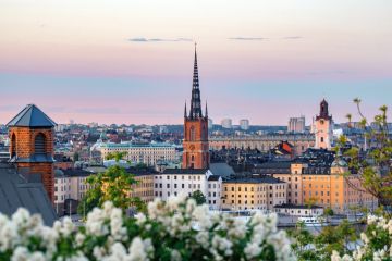 Stockholm cityscape, with a church spire in the centre