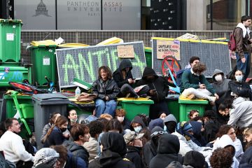 rotesters take part in a blockade action in front of a building of the Pantheon Assas University during a student demonstration in Paris, on October 8, 2026 rotesters take part in a blockade action in front of a building of the Pantheon Assas University during a student demonstration in Paris, on October 8, 2026