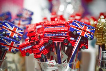 Souvenir pencils decorated with double decker bus on display at Camden market in London Souvenir pencils decorated with double decker bus on display at Camden market in London