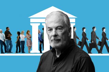 Graeme Turner, with a background showing a variety of people entering university and leaving as cloned business people. To illustrate market logic has converted universities from publicly oriented educators of citizens to workforce training institutions. Graeme Turner, with a background showing a variety of people entering university and leaving as cloned business people. To illustrate market logic has converted universities from publicly oriented educators of citizens to workforce training institutions.