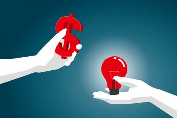 Hands holding dollar sign and lightbulb (illustration) Hands holding dollar sign and lightbulb (illustration)