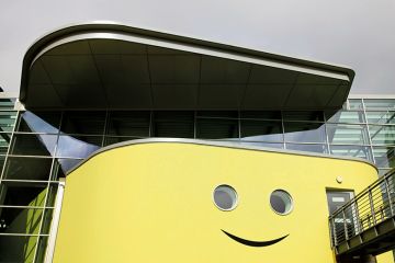 Napier University with a smile added to look like a happy face to illustrate Find your happy place