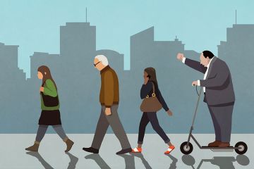 Illustration of a man on a scooter chasing others, to illustrate a head of department managing other academics.