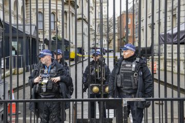 Heavy security presence in front of the Prime Minister's Office at 10 Downing Street