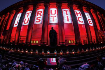 Hillsborough Truth and Justice banner, Saint George's Hall, Liverpool