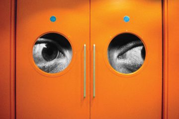 Huge eyes peering through door windows Huge eyes peering through door windows