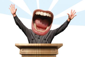 Huge mouth yelling from lecture podium
