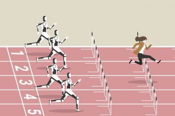 A human outpaces robots on a running track, illustrating that ChatGPT is not a threat