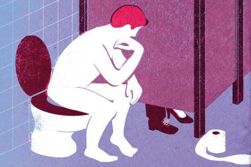 Illustration of man sitting on toilet, by David Humphries