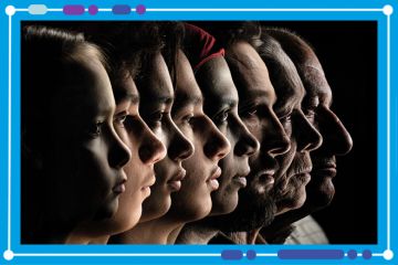 Image of a line of faces in profile from a young child on the left to an elderly man on the right end Image of a line of faces in profile from a young child on the left to an elderly man on the right end