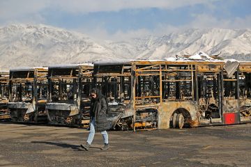 Damage to buses seen after the protests ended, Tehran, Iran, 21 January, 2026. Protests that began at Tehran's Grand Bazaar over the sharp depreciation of Iran's local currency against foreign currencies and ongoing economic problems spread to many cities Damage to buses seen after the protests ended, Tehran, Iran, 21 January, 2026. Protests that began at Tehran's Grand Bazaar over the sharp depreciation of Iran's local currency against foreign currencies and ongoing economic problems spread to many cities