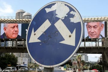 A road sign stands in front of a large billboard featuring Israel’s prime minister Benjamin Netanyahu (R) of the Likud party and former military chief and leader of the centrist Yashar party, Gadi Eisenkot, in Ramat Gan, Israel on 20 October 2026. A road sign stands in front of a large billboard featuring Israel’s prime minister Benjamin Netanyahu (R) of the Likud party and former military chief and leader of the centrist Yashar party, Gadi Eisenkot, in Ramat Gan, Israel on 20 October 2026.