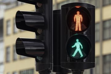 Pedestrian traffic light with both red and green lights illuminated