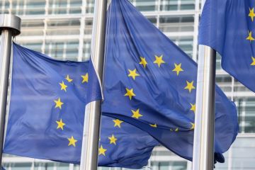 EU flags outside the European Parliament, Brussels, Belgium