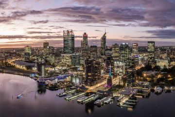 Aerial high angle drone view of Perth's CBD skyline with Elizabeth Quay in the foreground