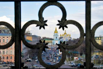 St Michael's Golden Domed Monastery in Kyiv, viewed from the bell tower of St Sophia's Cathedral. 