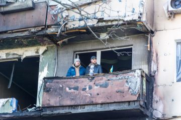 Damage to an apartment building in Kyiv, an explosion due to a hit by a military shell. Damage to an apartment building in Kyiv, an explosion due to a hit by a military shell.