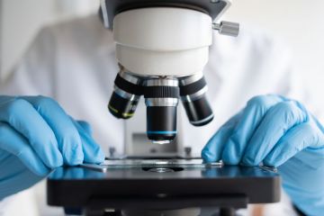 Researcher working with microscope wearing blue gloves