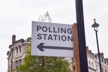  Polling station sign during elections.
